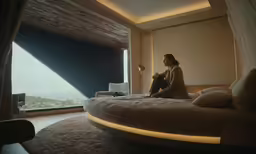 a person sitting on a bed that has a light reflecting on the wall