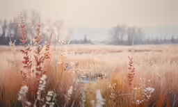 a field of grass in autumn with red and white flowers