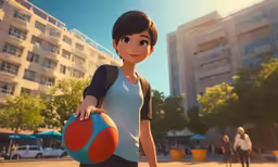 an animation cartoon of a young girl holding a blue and orange ball