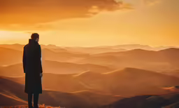 the silhouette of a person on top of a hill at sunset