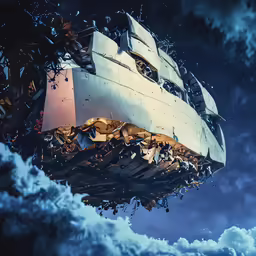 an artwork shows a flying object with blue, cloudy sky background