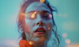 woman with bright flash on face looking in to the distance