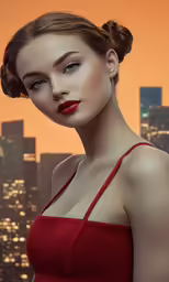 woman with red lipstick in a city scene
