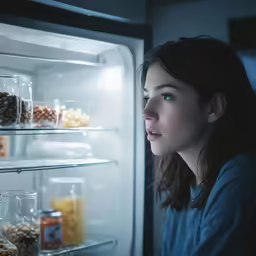 a woman staring in an empty refrigerator