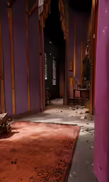 an empty purple room with peeling paint from the ceiling