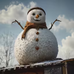 a snowman sits atop a wooden plank with a sky background