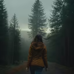 a woman walking down a road surrounded by pine trees