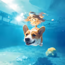 the dog is swimming in the blue water