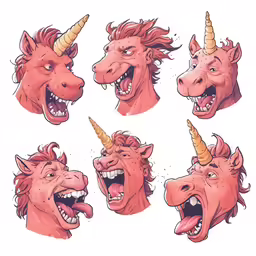 drawing cartoon heads of unicorn with different facial expressions