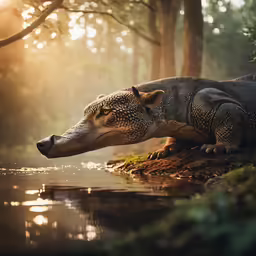 a giant crocodile lying down on a bank of the water
