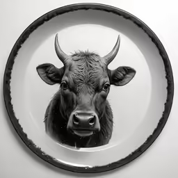 the animal has long horns that are visible through a plate