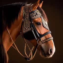 a beautiful horse with a golden bridle and braid on