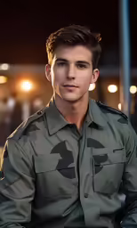 a man in uniform sitting in front of a streetlight