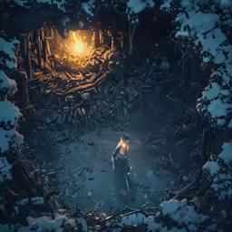 a fantasy scene with a light in the middle of a forest