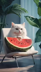 a white cat sits on a cushion inside of a watermelon