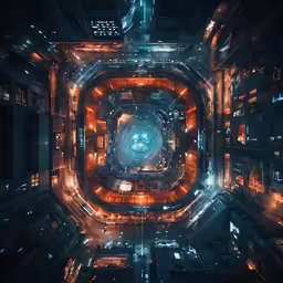 a futuristic city has some bright lights around it