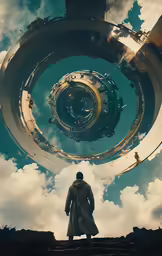 a man standing on a ledge looking at a large object