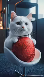 a white cat standing on top of a red ball