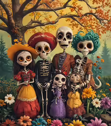 a painting of three skeletons with one in a dress