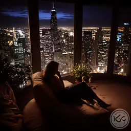 a woman is sitting on a beanbag in front of the window looking out at the city
