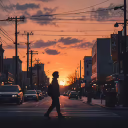 a woman is walking down the street at sunset