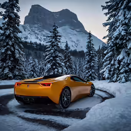 a yellow car drives in a snowy landscape