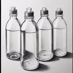 four empty bottles of different shapes and sizes