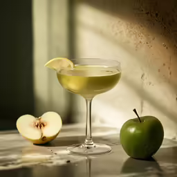 a martini with an apple beside it and half of it sliced in half