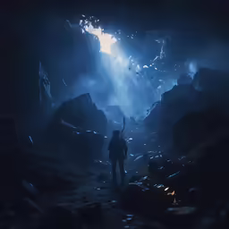 the man is standing alone in a cavern under a light