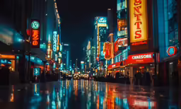 a city street at night with neon signs in the lights