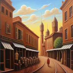 a painting of people walking by on a street,a painting of two people standing in the street