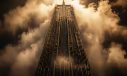 a very tall skyscraper towering over a cloudy city