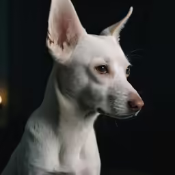 a white dog looking at something in the dark