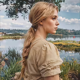 woman sitting on top of bench facing the water