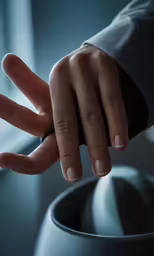 closeup of two hands with fingers on the edge of a bowl