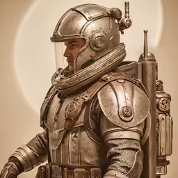 a man in armor standing with a camera and a microphone