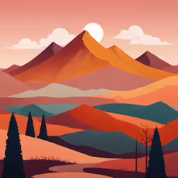 a beautiful mountain painting by a sunset with red sky,an illustration of mountains, trees and sun