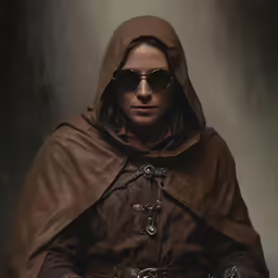 a male in a brown robe with a hood and sunglasses on
