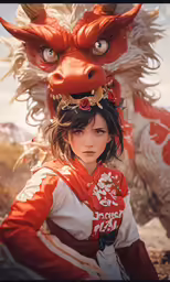 a girl and dragon head in front of a sky