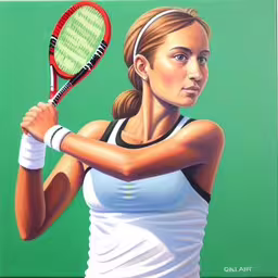 painting of a woman swinging a tennis racket,this painting is of a female tennis player