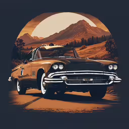 a drawing of a car driving under an orange sun,a yellow classic car is shown through a round object