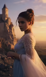 a woman in a blue dress and white veil standing in front of a castle