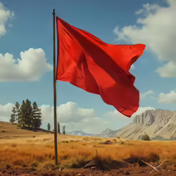 there is a very large red flag near a mountain