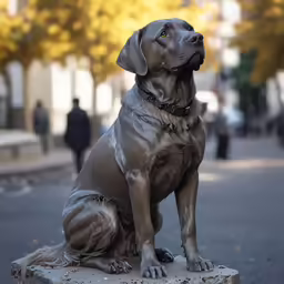 a brown and black dog sitting on the curb next to a street