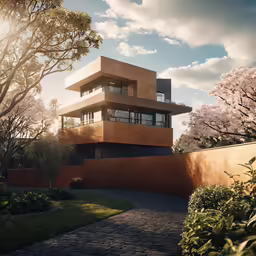an exterior shot of a tall modern building with trees lining the walkway