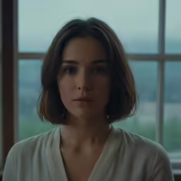 a woman in front of a window is staring off into the distance