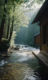the view of a river with a wooden building next to it