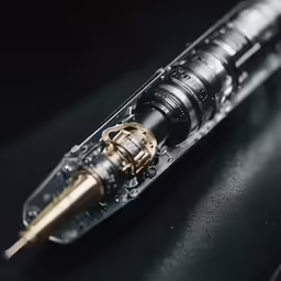 a black surface with a gold and silver mechanical device in it