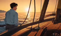 the young man is watching the sun go down,a man looking out at the horizon during a sunset