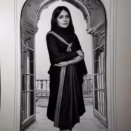 a woman in an arabic dress standing at a door